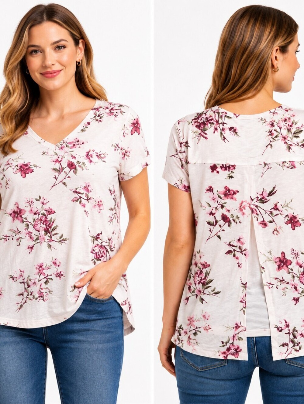 Daytrip Buckle Floral V-Neck High Low Split Back Tee XL Boho Spring Top